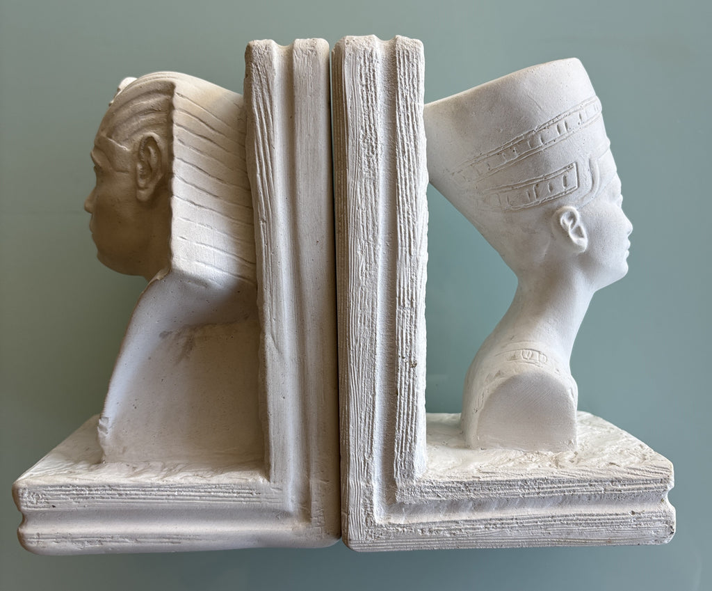 Vintage Egyptian Revival Resin Bookends Pair Nefertiti & Pharaoh King Tut White