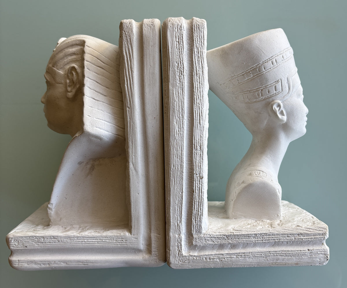 Vintage Egyptian Revival Resin Bookends Pair Nefertiti & Pharaoh King Tut White