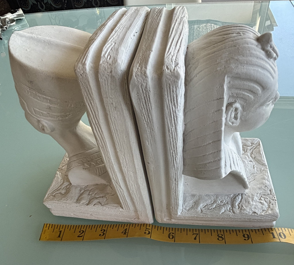 Vintage Egyptian Revival Resin Bookends Pair Nefertiti & Pharaoh King Tut White