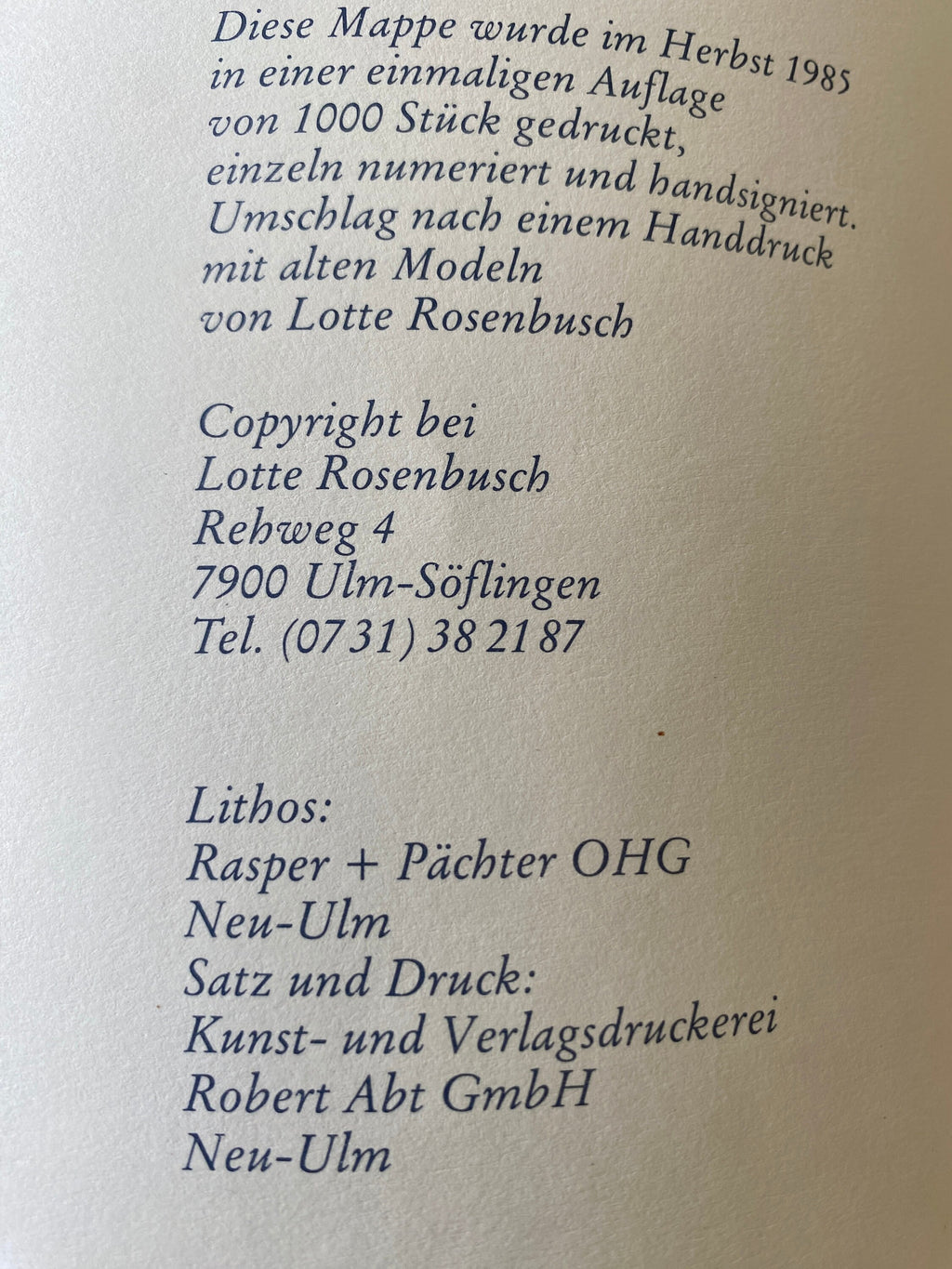 Lotte Rosenbusch Doll Book: 12 Images Ulm Museum Softcover (1985)