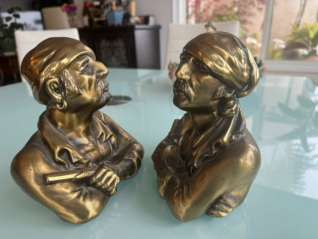 Marion Bronze Pirate Bust Bookends, Heavy Brass Finish, Signed MB Set
