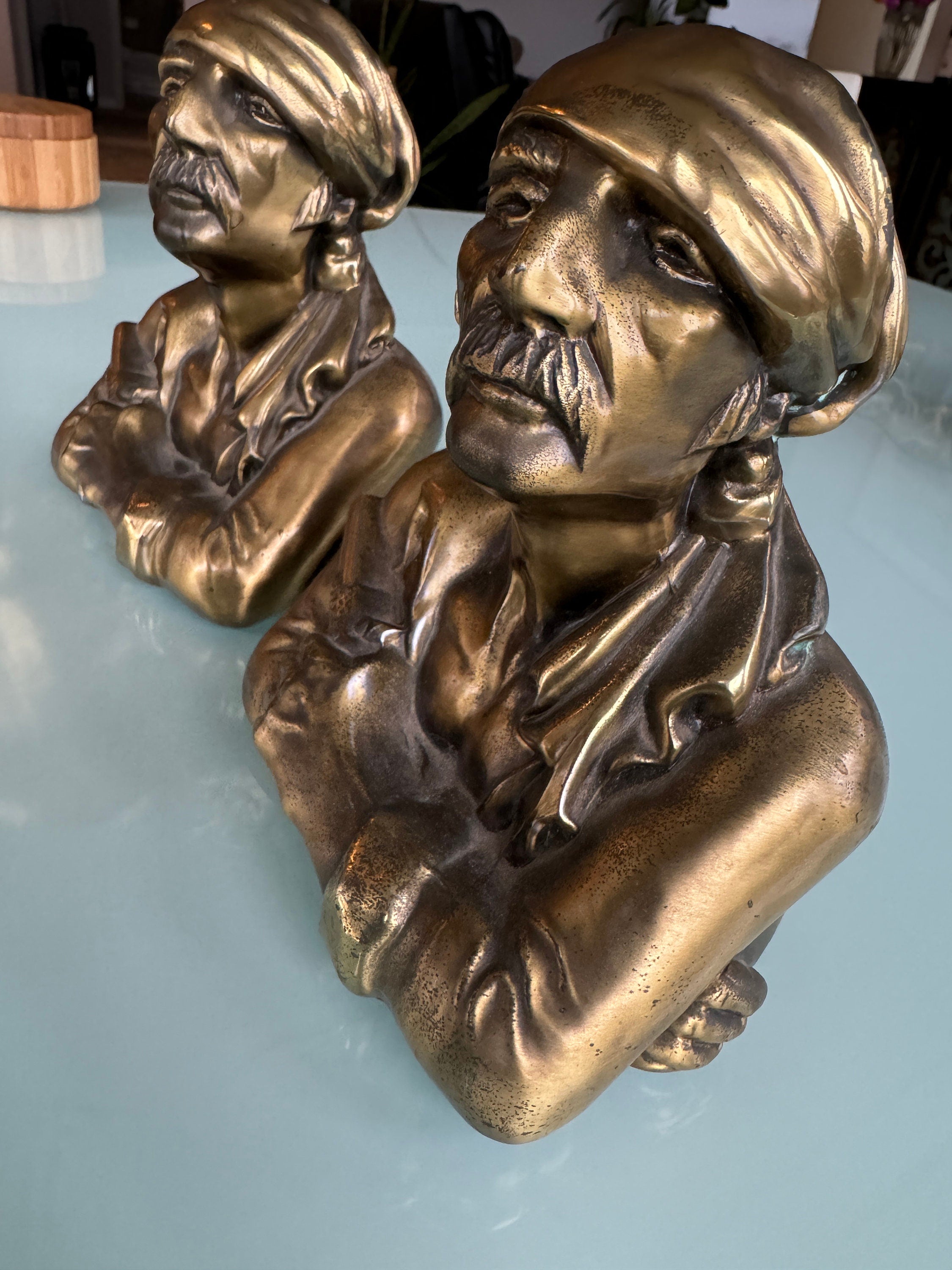 Marion Bronze Pirate Bust Bookends, Heavy Brass Finish, Signed MB Set