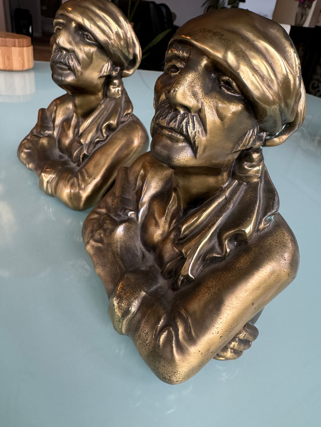 Marion Bronze Pirate Bust Bookends, Heavy Brass Finish, Signed MB Set