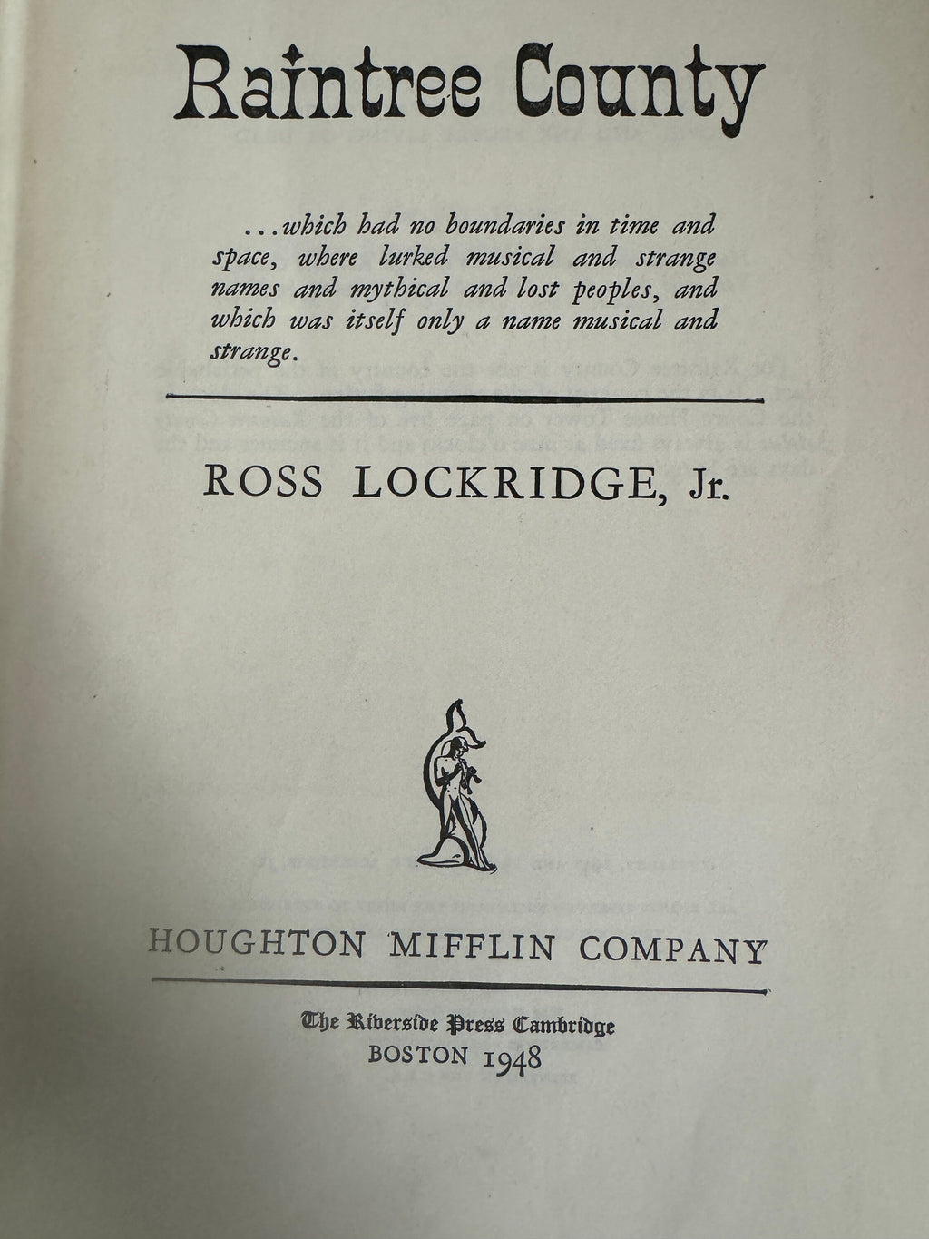 Lockridge, Ross Jr. Raintree County. 1948. Author's only book - RARE - VG+