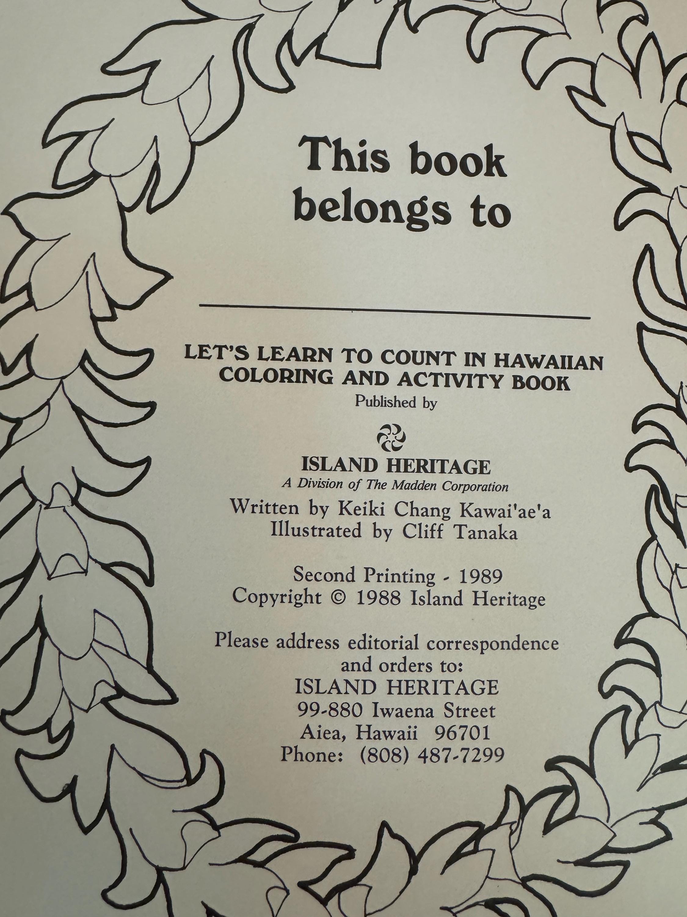 LET'S LEARN to Count in  HAWAIIAN By Keiki Chang Kawai'ae'a Color & Activity Book