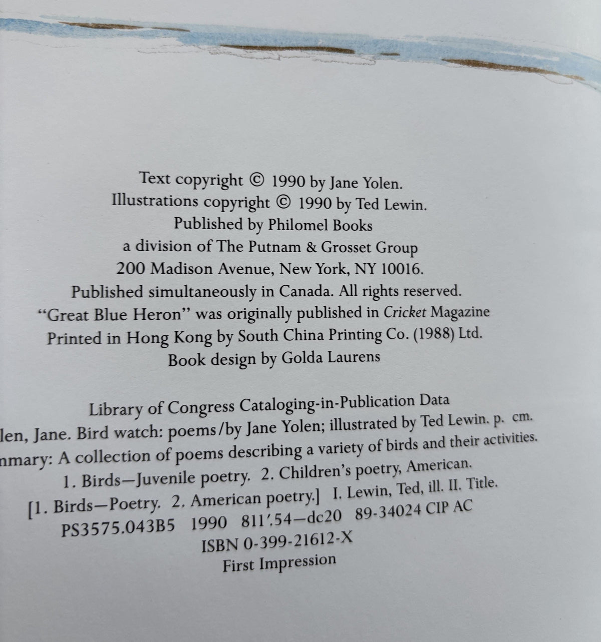 Bird Watch (A Book of Poetry) by Jane Yelon 1990