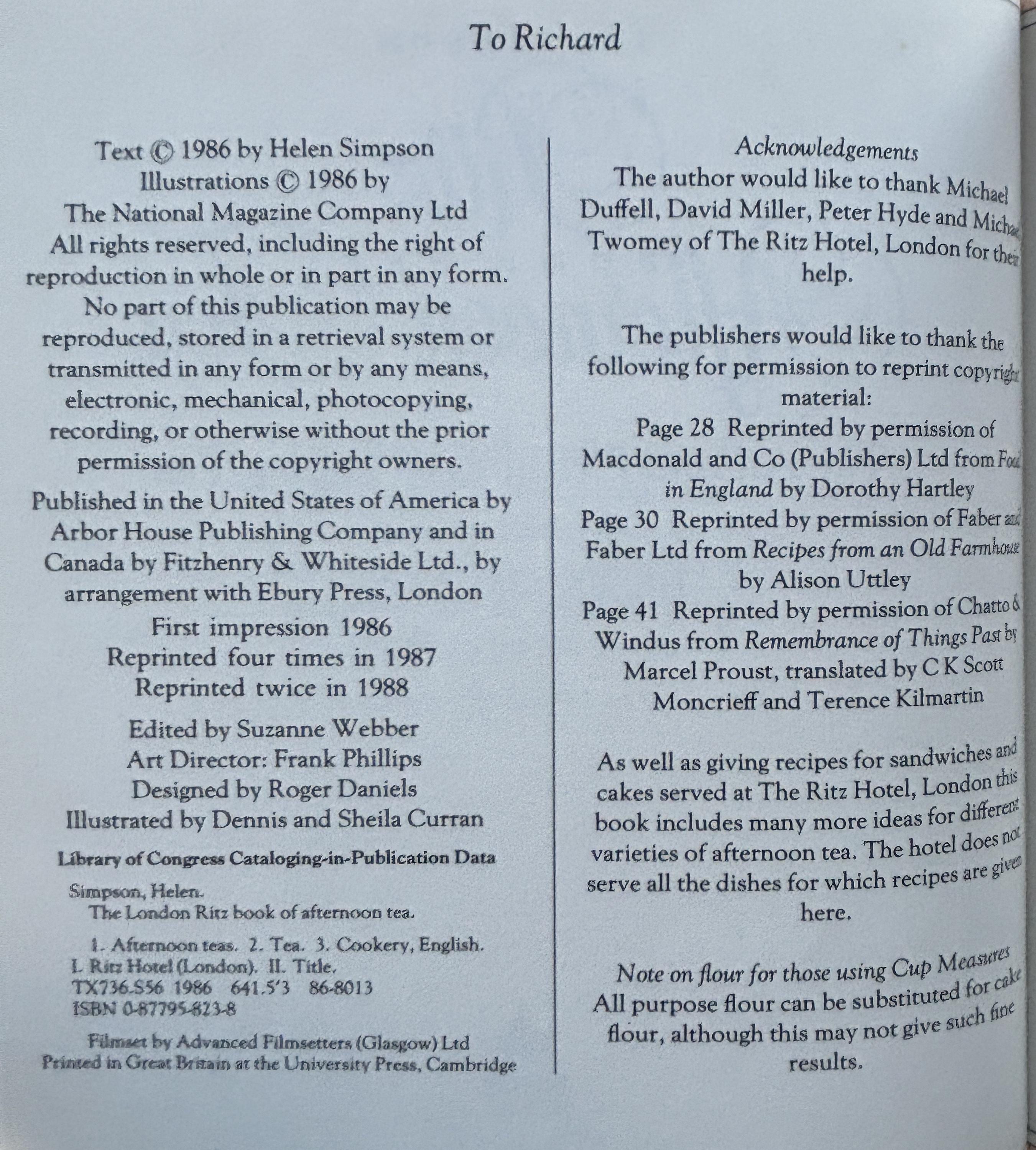 The London Ritz Book of Afternoon Tea by Helen Simpson