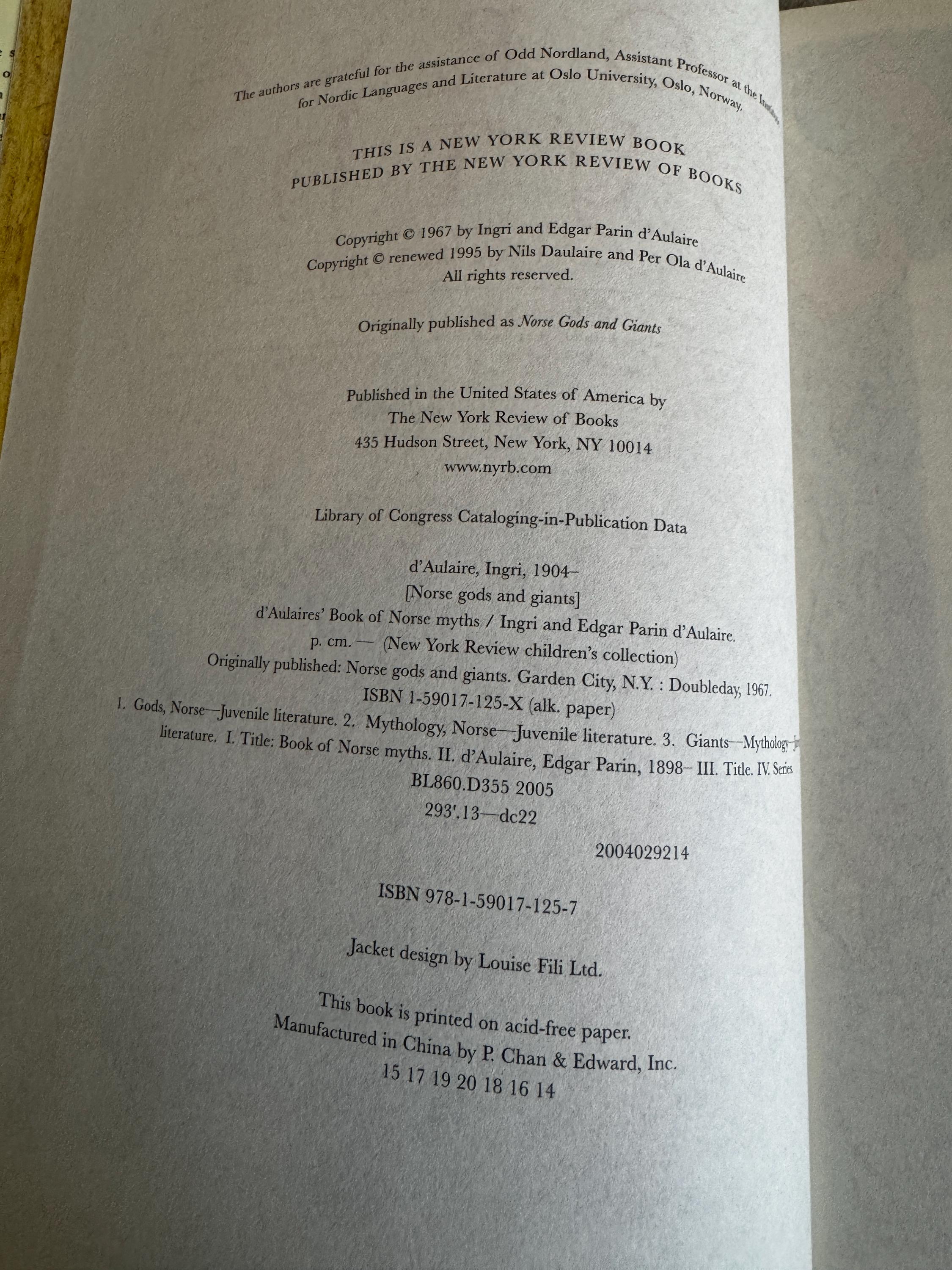 D'AULAIRES' Book of NORSE MYTHS D'Aulaire, Ingri; D'Aulaire, Edgar Parin