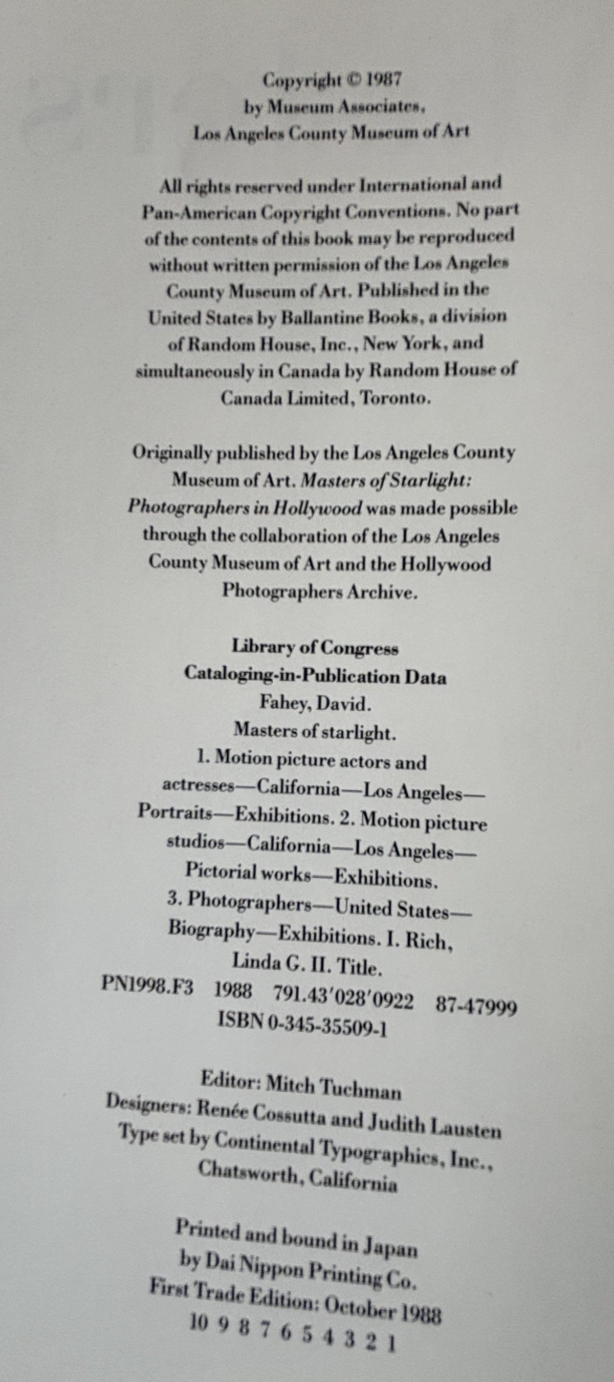 Masters of Starlight (Hollywood Photographers)  **  First Trade Edition  **