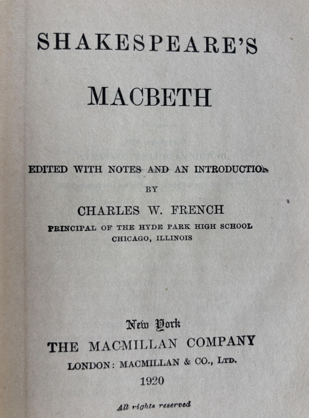 SHAKESPEARE'S MACBETH by Charles W French  **  1920  **