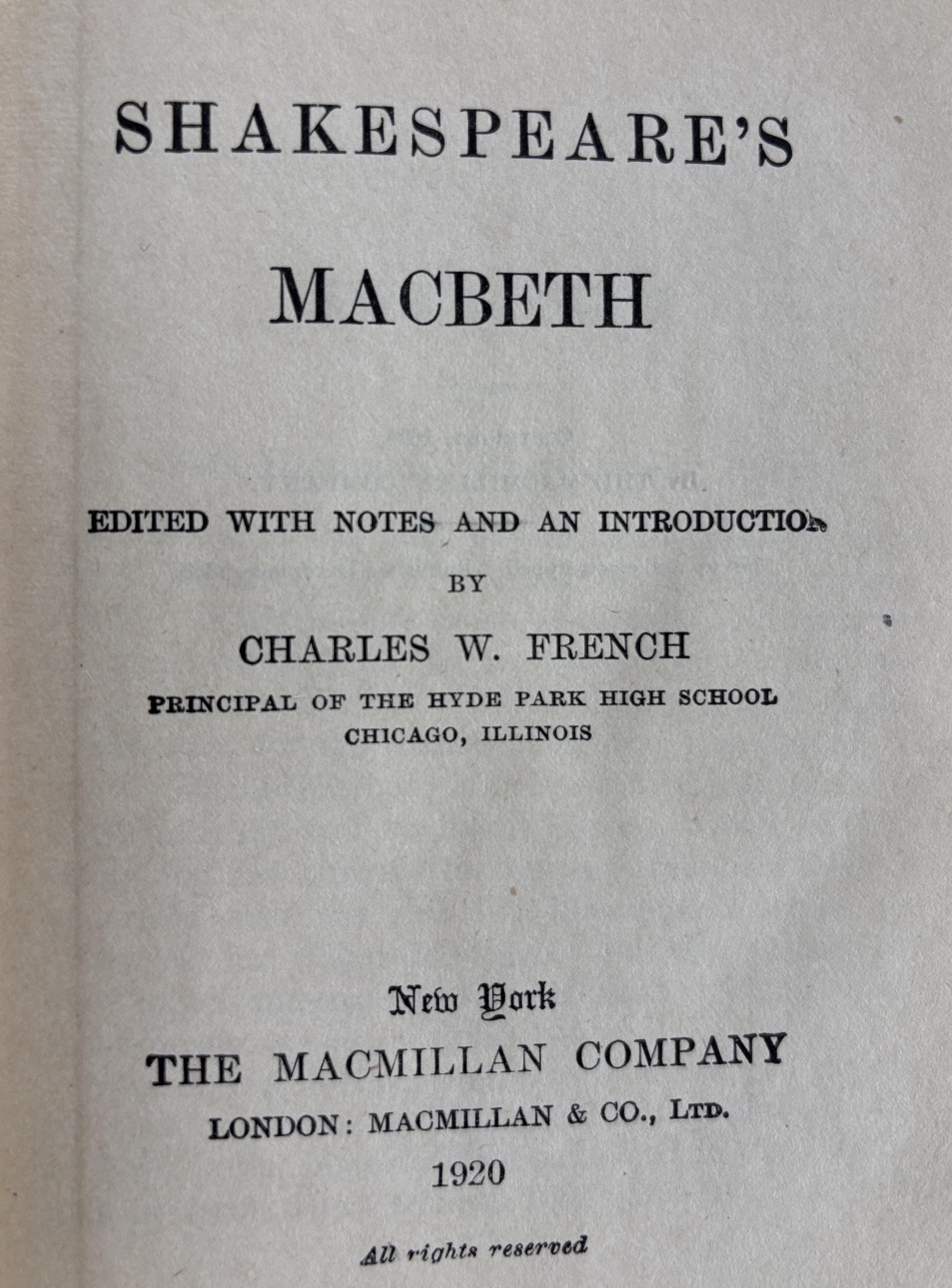 SHAKESPEARE'S MACBETH by Charles W French  **  1920  **