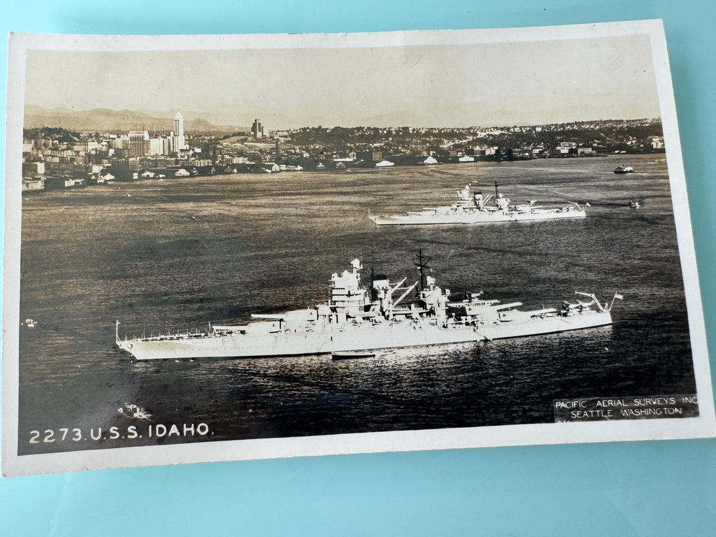 USS Idaho Sepia Postcard Pacific Aerial Surveys Seattle, Washington Nice Condition
