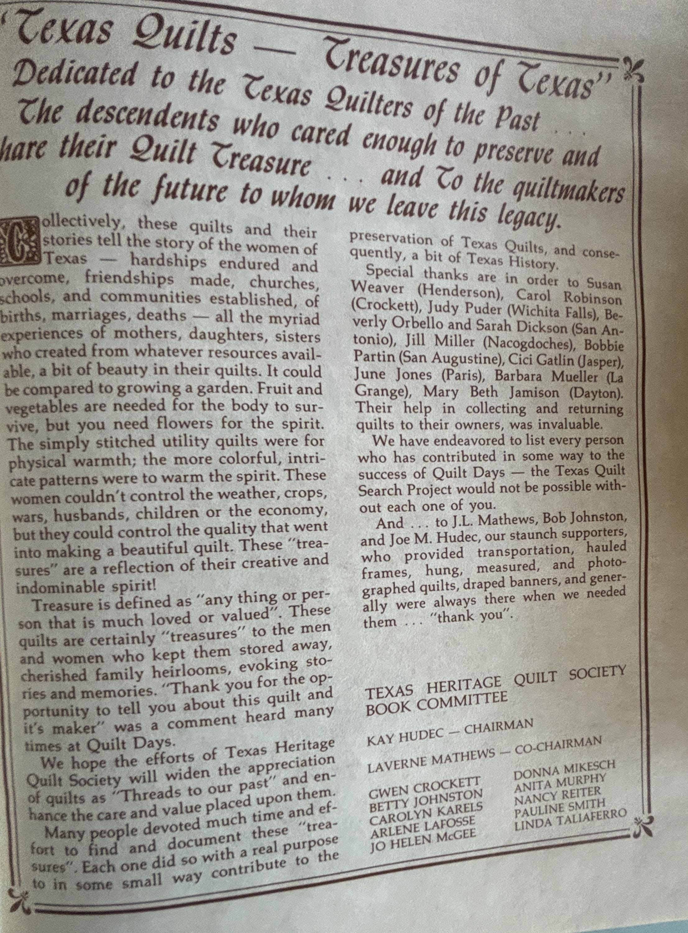 Texas quilts:  Texas Heritage Quilt Society  **  First Printing  **  1986