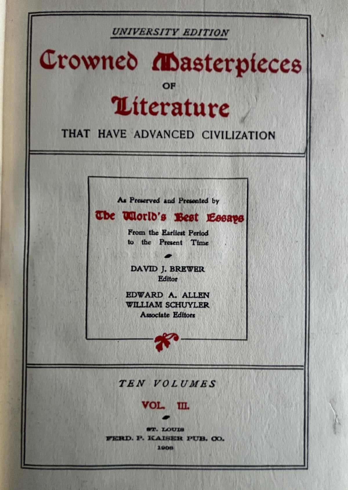 Crowned Masterpieces of Literature:  David J. Brewer  **  Unopened Pages  ** 1908