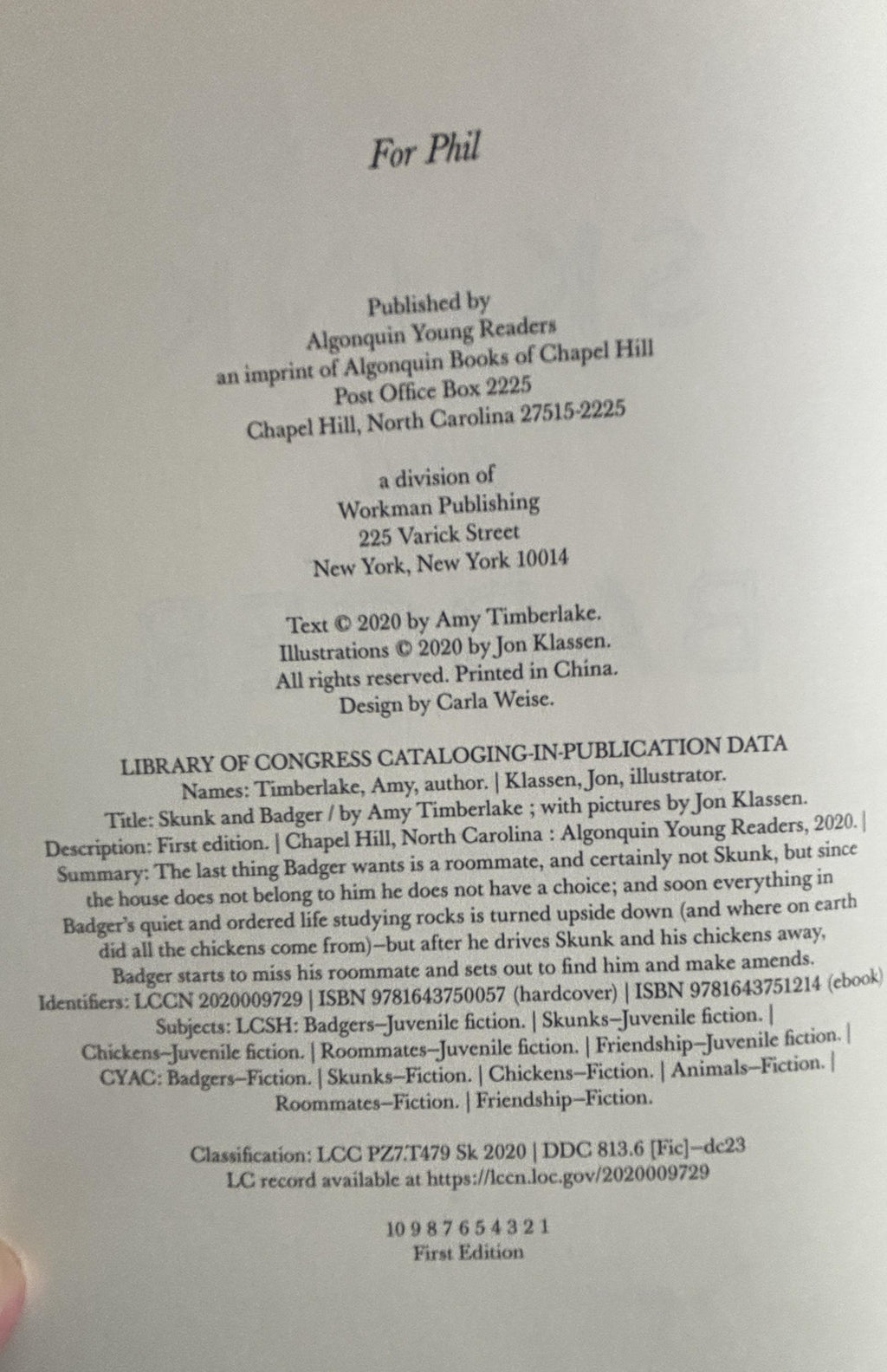 Skunk and Badger:  Amy Timberlake  **  First Edition  **