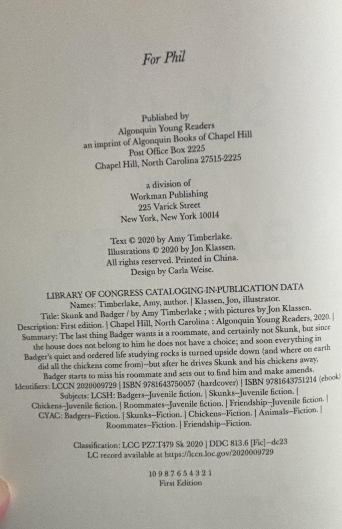 Skunk and Badger:  Amy Timberlake  **  First Edition  **