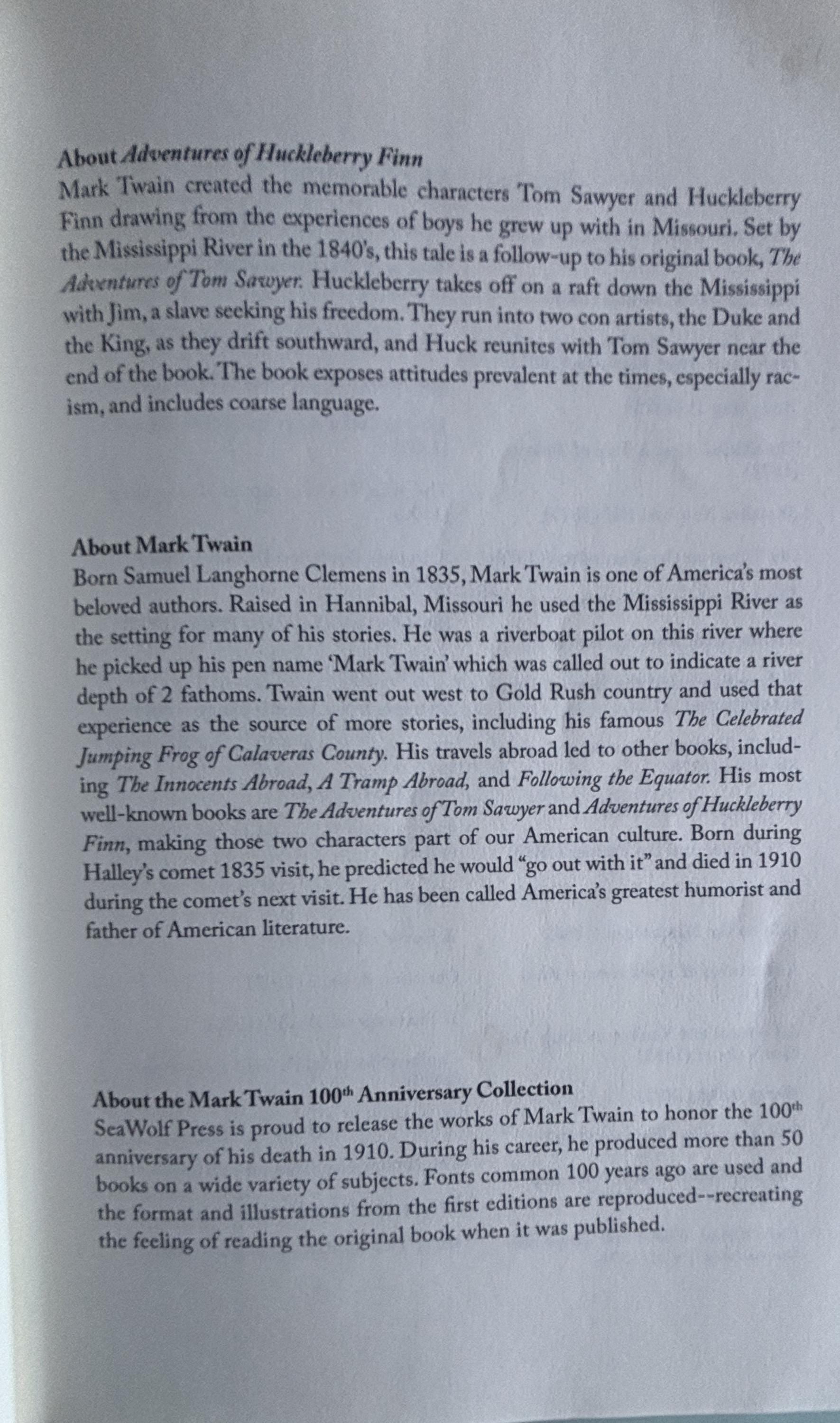 Adventures of Huckleberry Finn:  Mark Twain