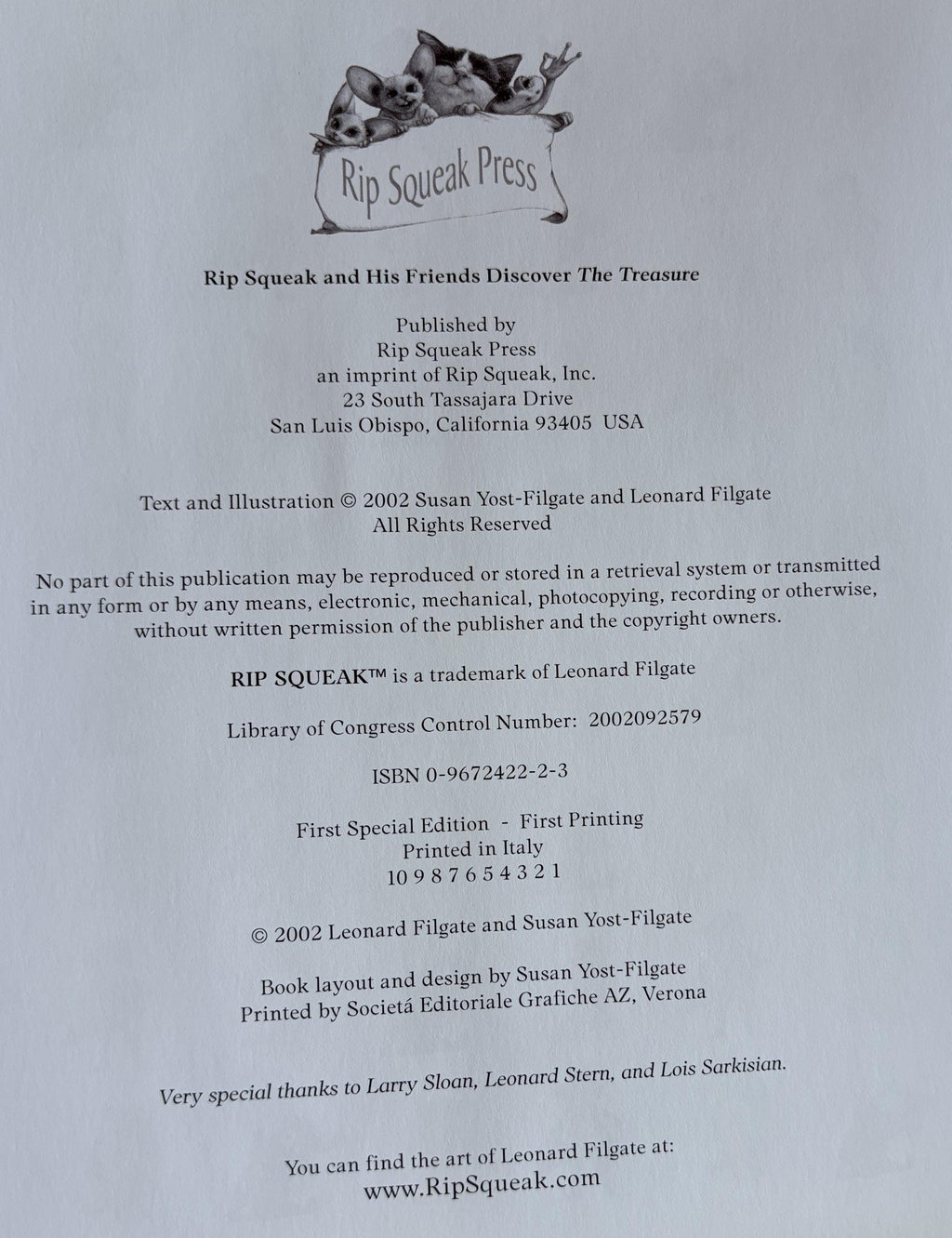 The Treasure (Rip Squeak and His Freiends Discover):  Susan Yost-Filgate  **  First Printing  **
