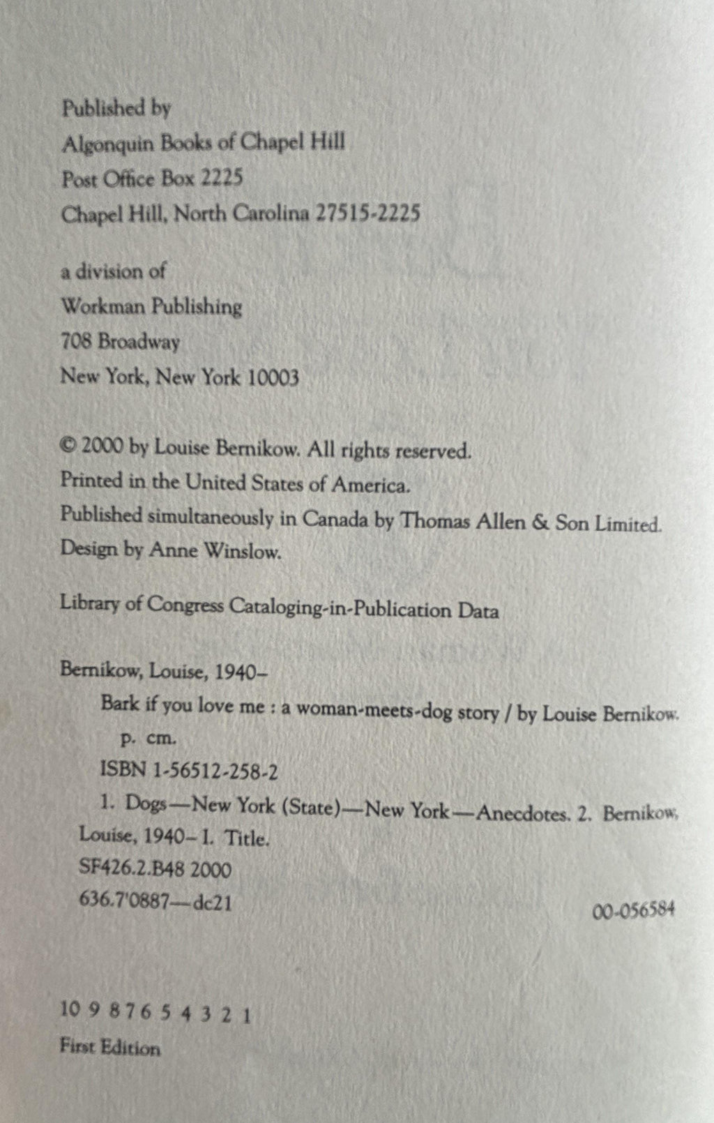 Bark If You Love Me A Woman-Meets-Dog Story:  Louise Bernikow  **  First Edition  **