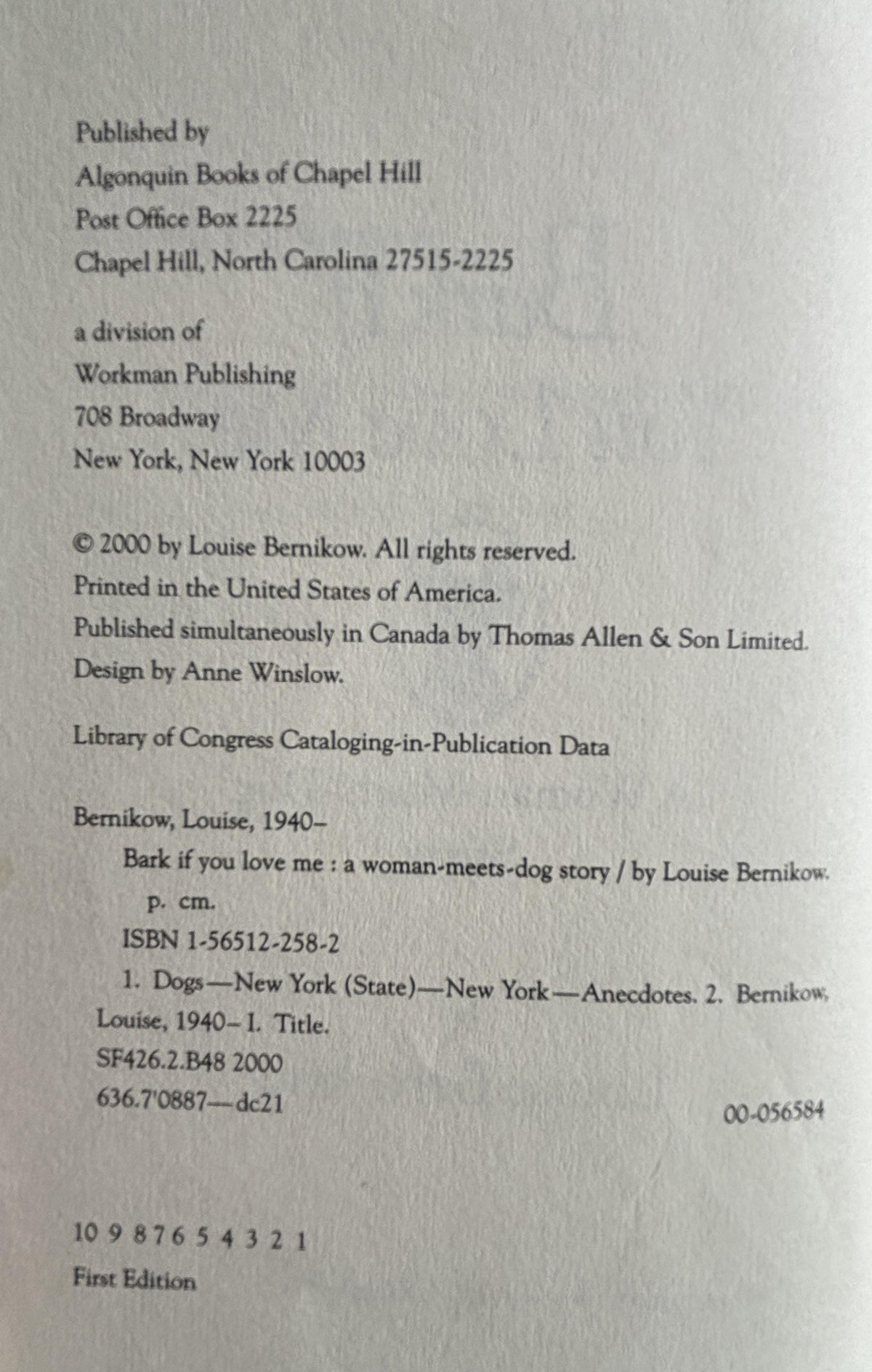 Bark If You Love Me A Woman-Meets-Dog Story:  Louise Bernikow  **  First Edition  **