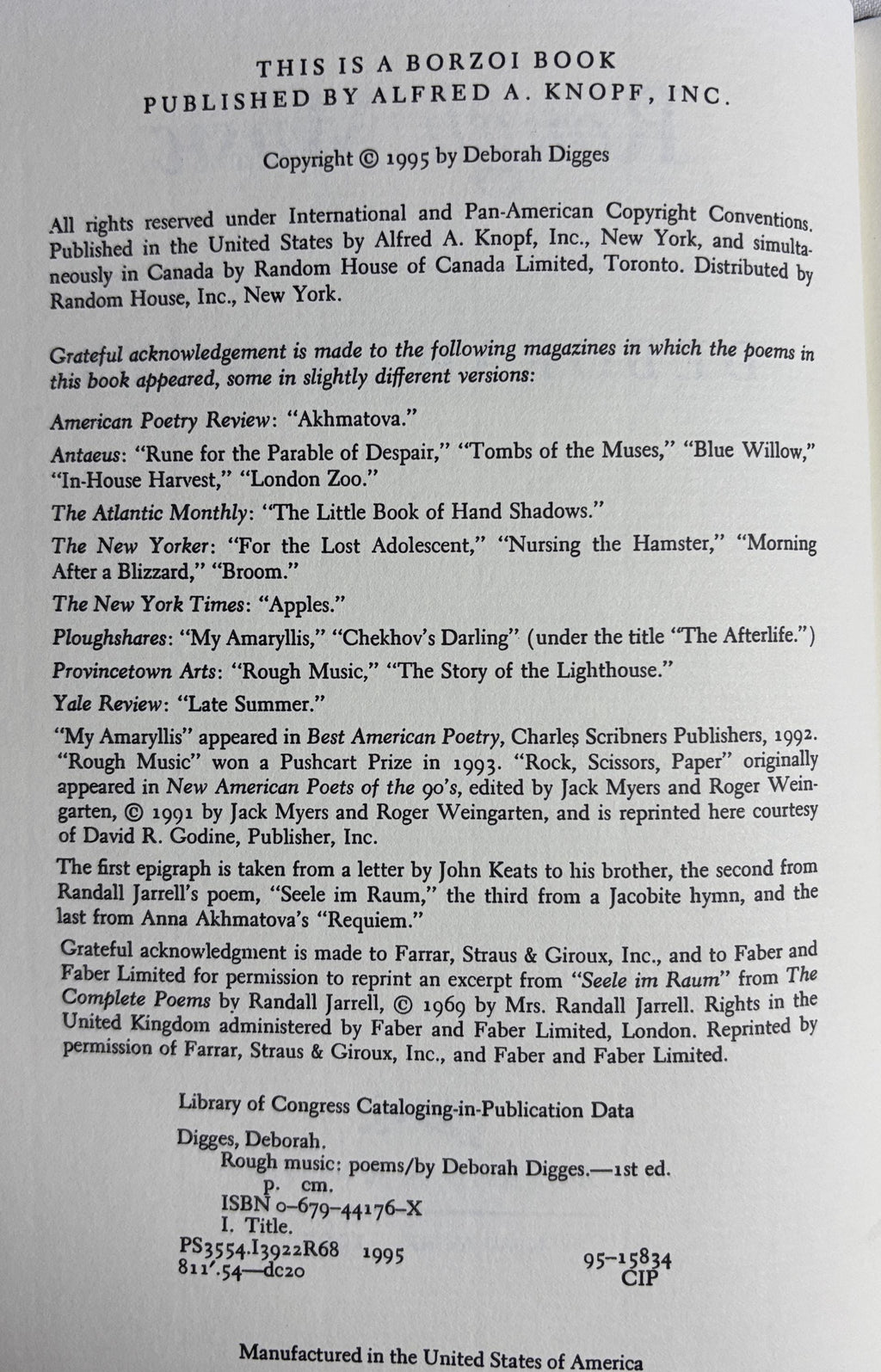 Rough Music Poems by Deborah Digges Hand Picked