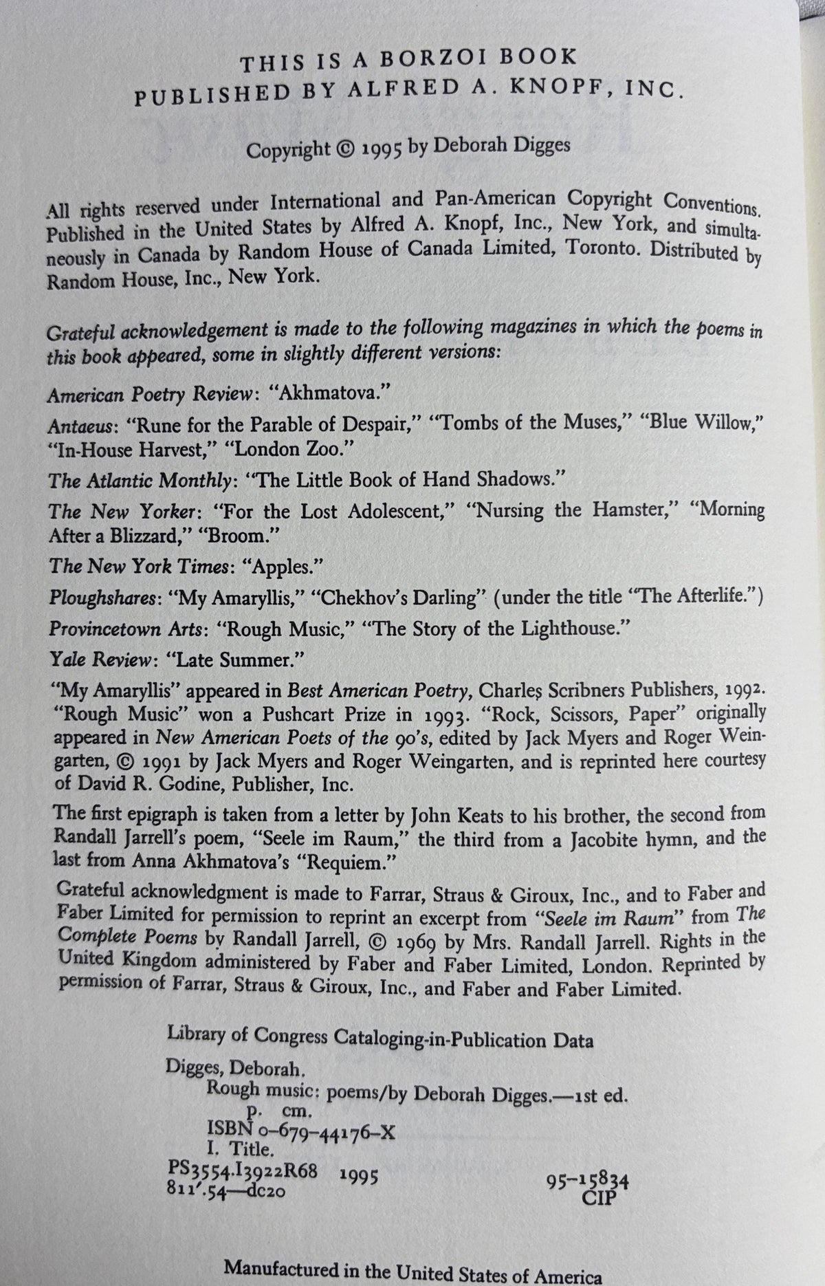 Rough Music Poems by Deborah Digges Hand Picked