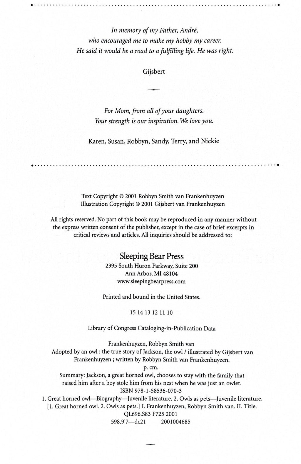 Adopted by an Owl:  Robbyn S. van Frankenhuyzen